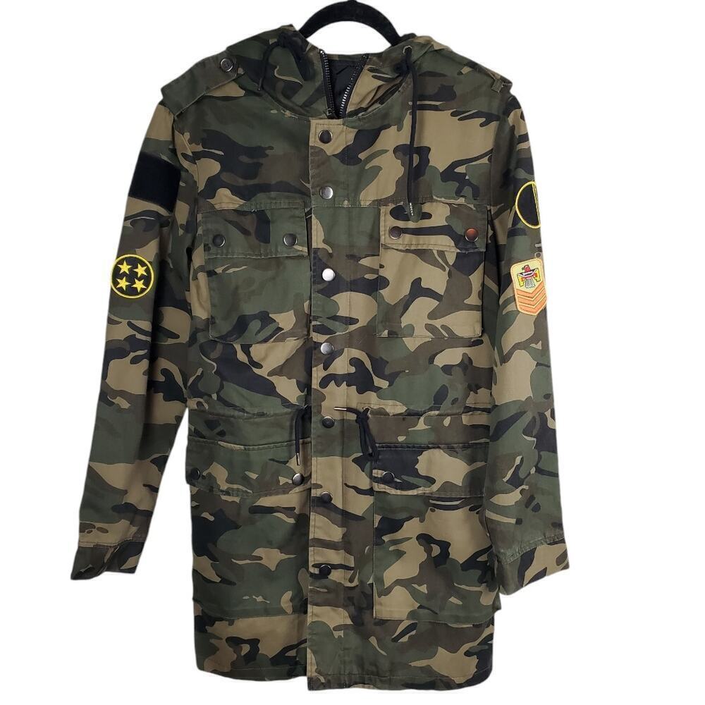 Forever 21 Men Casual Jacket Camo Cotton Zip Closure Olive Hooded Coat Size XS